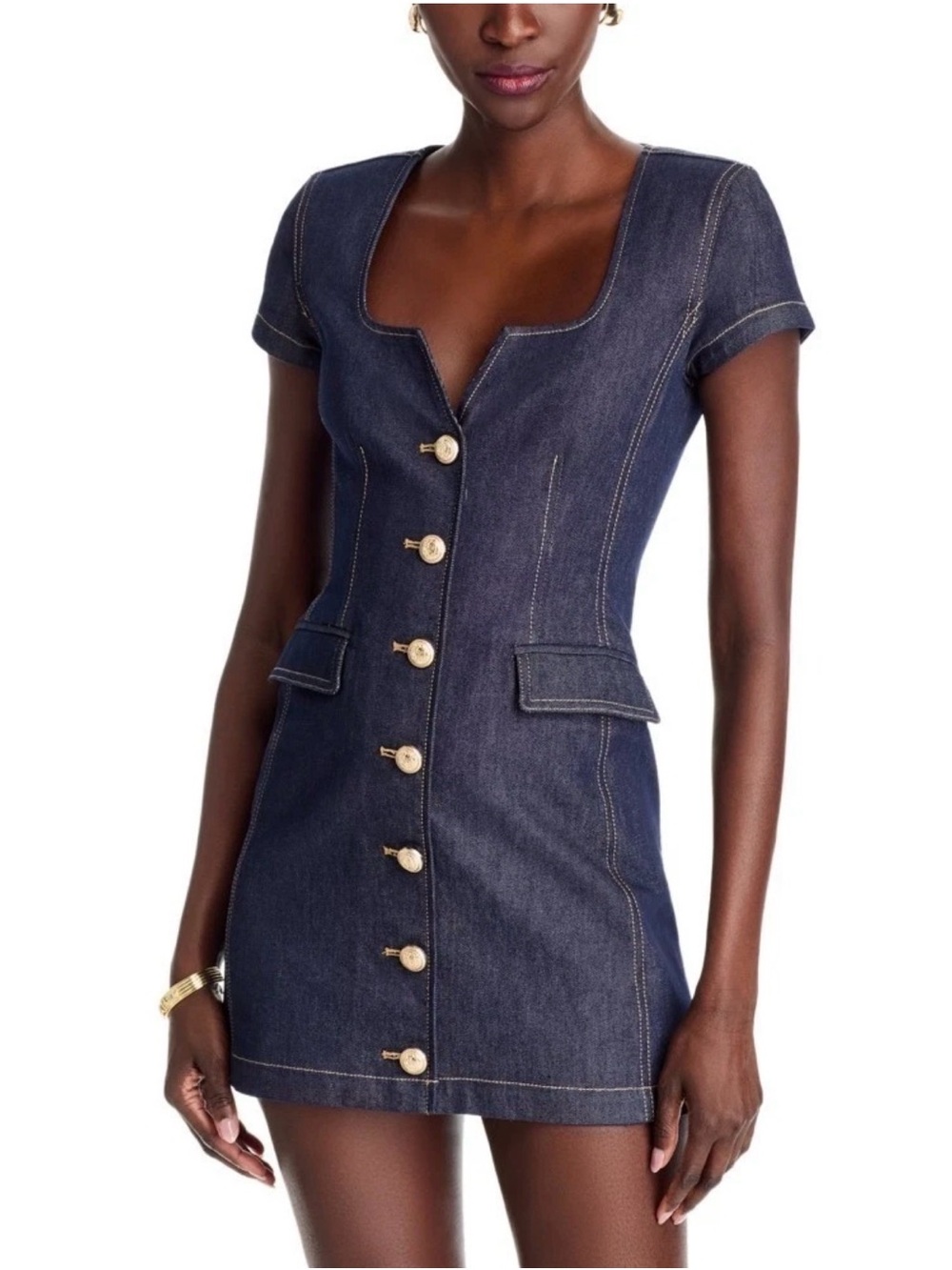 Generation Love Dark Indigo Denim Mini Dress with Gold Buttons